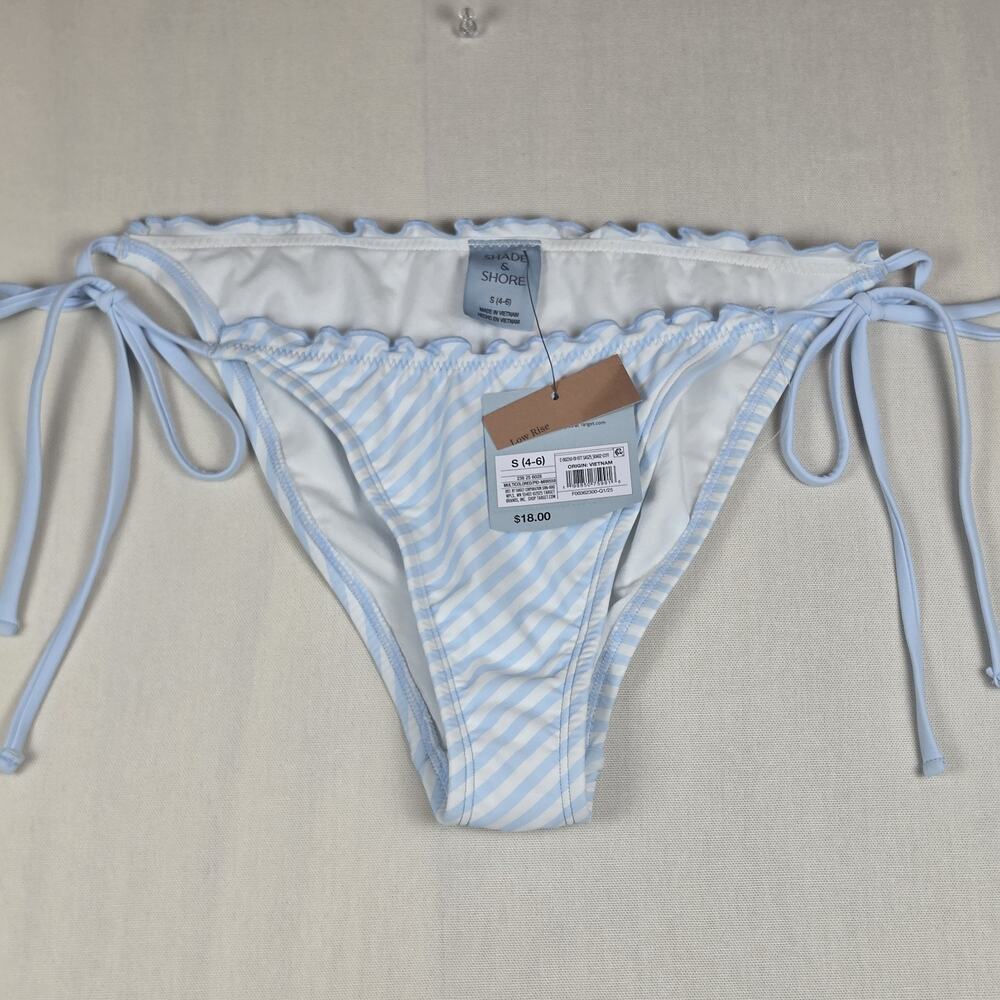 Shade & Shore Women's Low Rise Side Tie Bikini Bottom Blue White Stripe Size S N